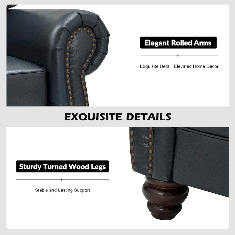 Balvino 81 Wide Transitional Genuine Leather Rolled Arm Sofa with Nailhead Trim and Removable Cushions