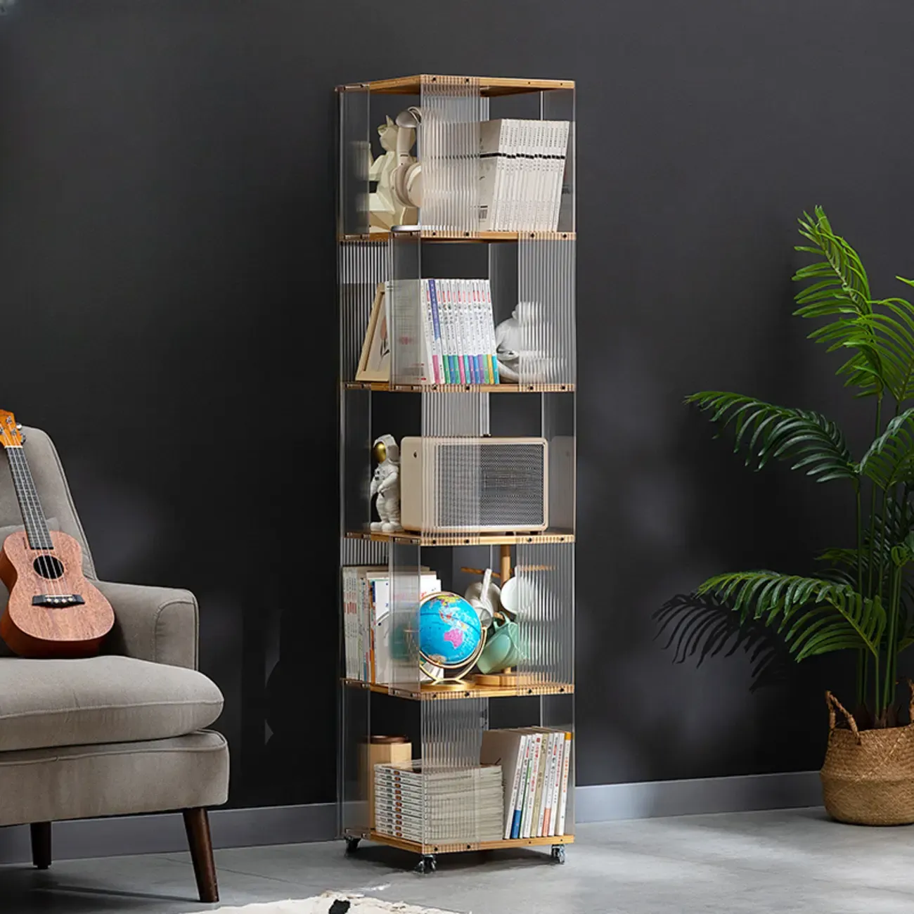 Minimalist Acrylic Bamboo 5 Shelves Narrow Bookshelf