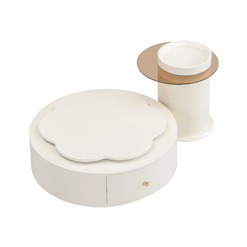 Modern Round Coffee Table Set of 2, 360-Degree Rotatable Flower-shaped Top with 2 Drawers, Top Circle Side Table with Glass