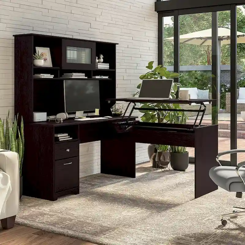 Harvest Cherry / Espresso Oak / Ash Gray / Heather Gray / Modern Gray / White – 60W L-Shaped Sit-to-Stand Desk with Hutch, 1-Person