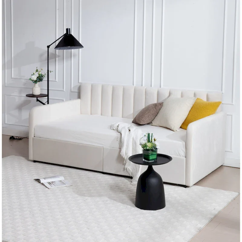 Epiphyllum Modern Velvet Twin Daybed with 2 Drawers and Ribbed Tufted Backrest by Christopher Knight Home