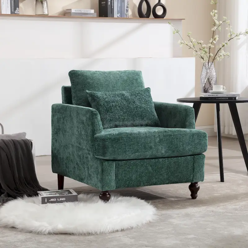 Emerald Modern 29.53 Chenille Upholstered Arm Chair with Solid Wood Frame and Pillows
