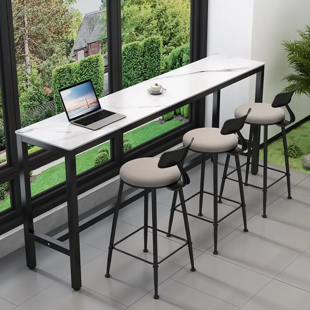 Modern Dove Grey Stone Top Steel Footrest Bar Tables