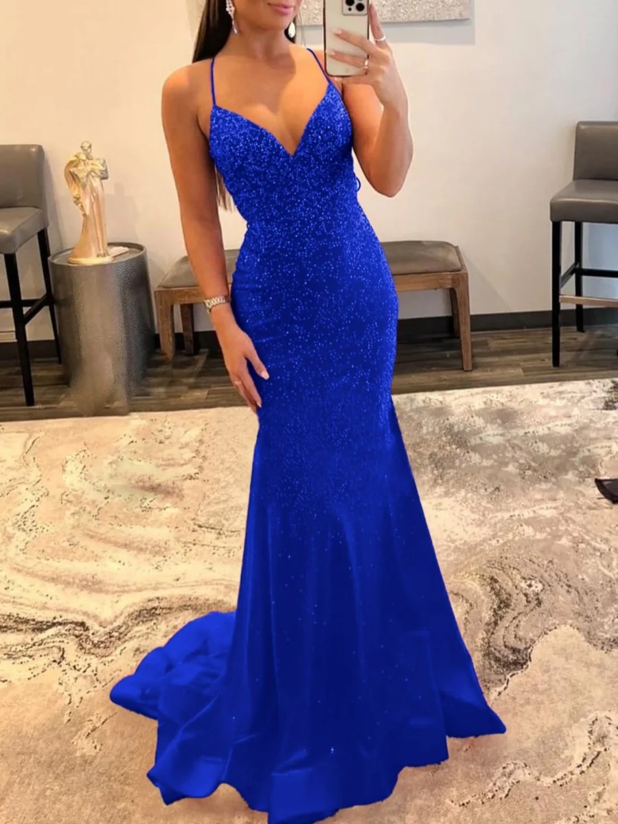 Mermaid V Neck Glitter Satin Prom Dress