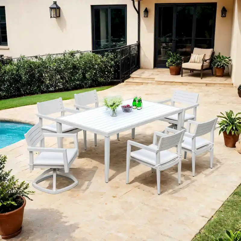 7-Piece Outdoor Patio Dining Set, Rectangular Table with Umbrella Hole, 4 Chairs and 2 Swivel Chairs with Fabric Cushioned