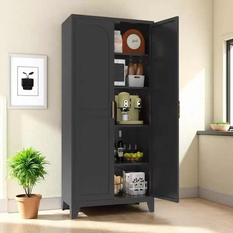 JVNOXK 71'' 2 Shapely Doors Cabinet, Metal Storage Cabinet with Doors and Adjustable Shelves, for Bedroom, Living Room, Kitchen,Black