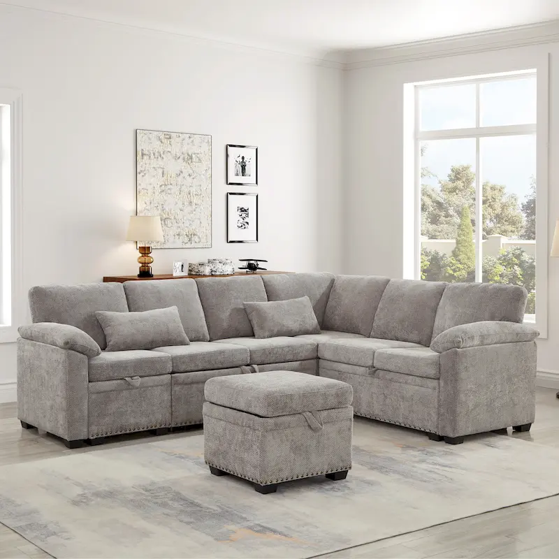 97  Chenille L-Shaped Sleeper Sectional Sofa with Storage Ottoman