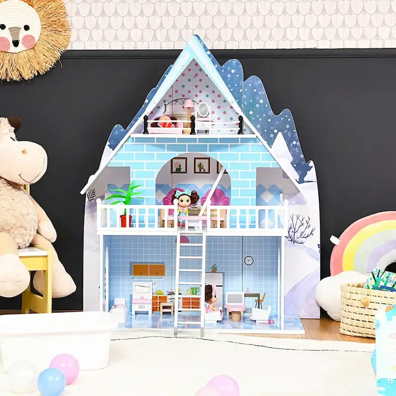 Blue 3-Story Wooden Dollhouse with Furniture & Dolls, 1 Player