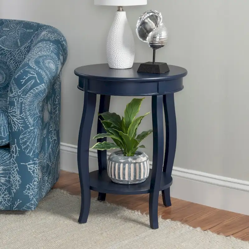 White Round Side Table with Lower Shelf & Cabriole Legs, 1-Person
