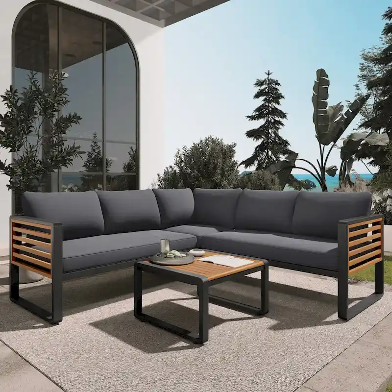 4-Piece Iron L-Shaped Sectional Sofa Set with Cushions & Table