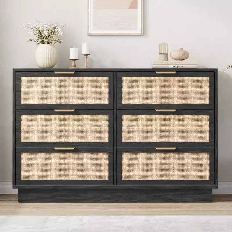 Boho Rattan 6/7/9-Drawer Dresser with Gold Handles, Modern Black Wood Storage Chest, Wide Organizer for Bedroom Living Room Hallway