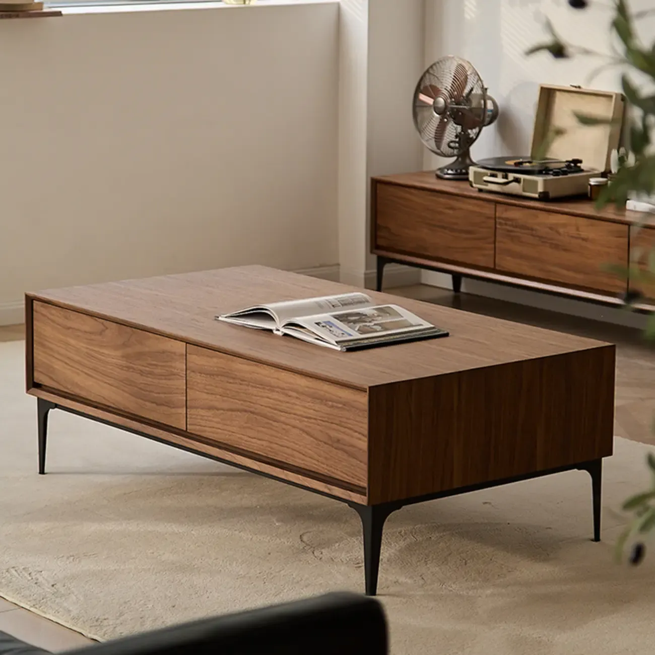 Large Rectangular Waterproof Brown 4-Drawer Wood Coffee Table