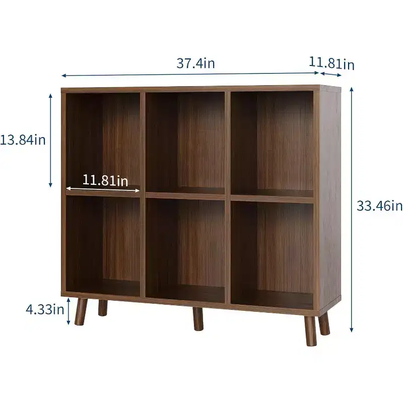 6-Shelf Bookcase with Solid Wood Legs, Redwood Finish Particle Board Storage Shelf for Living Room Office