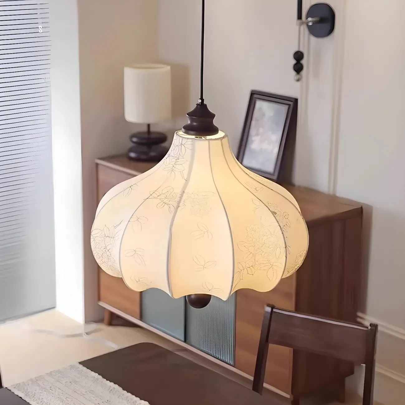 Traditional White Fabric Drum Shade Wooden Chandelier