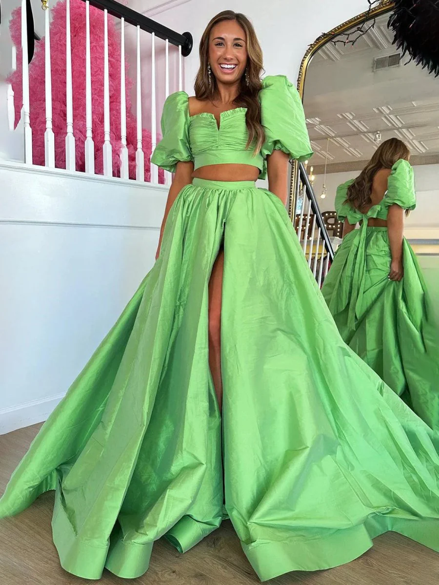Green Two-Piece Puff Sleeves Long Prom Dress With Split
