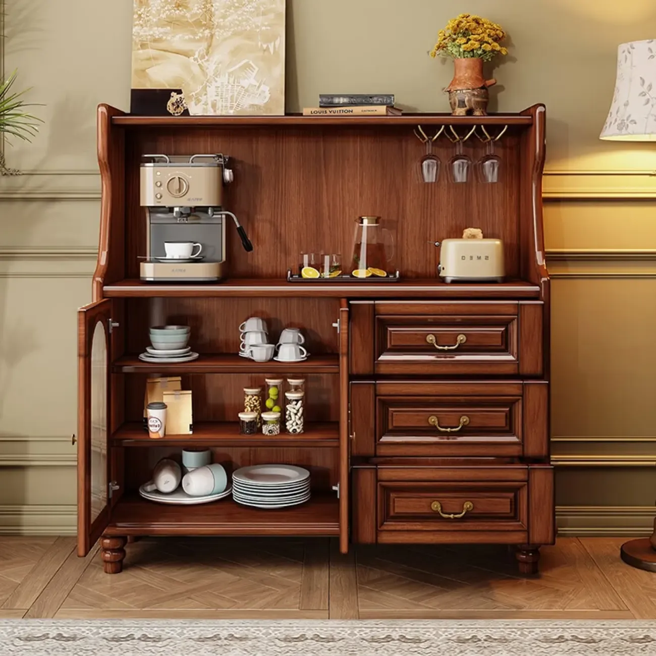 Modern Wood Kitchen Buffet with Shelves and Stemware Rack