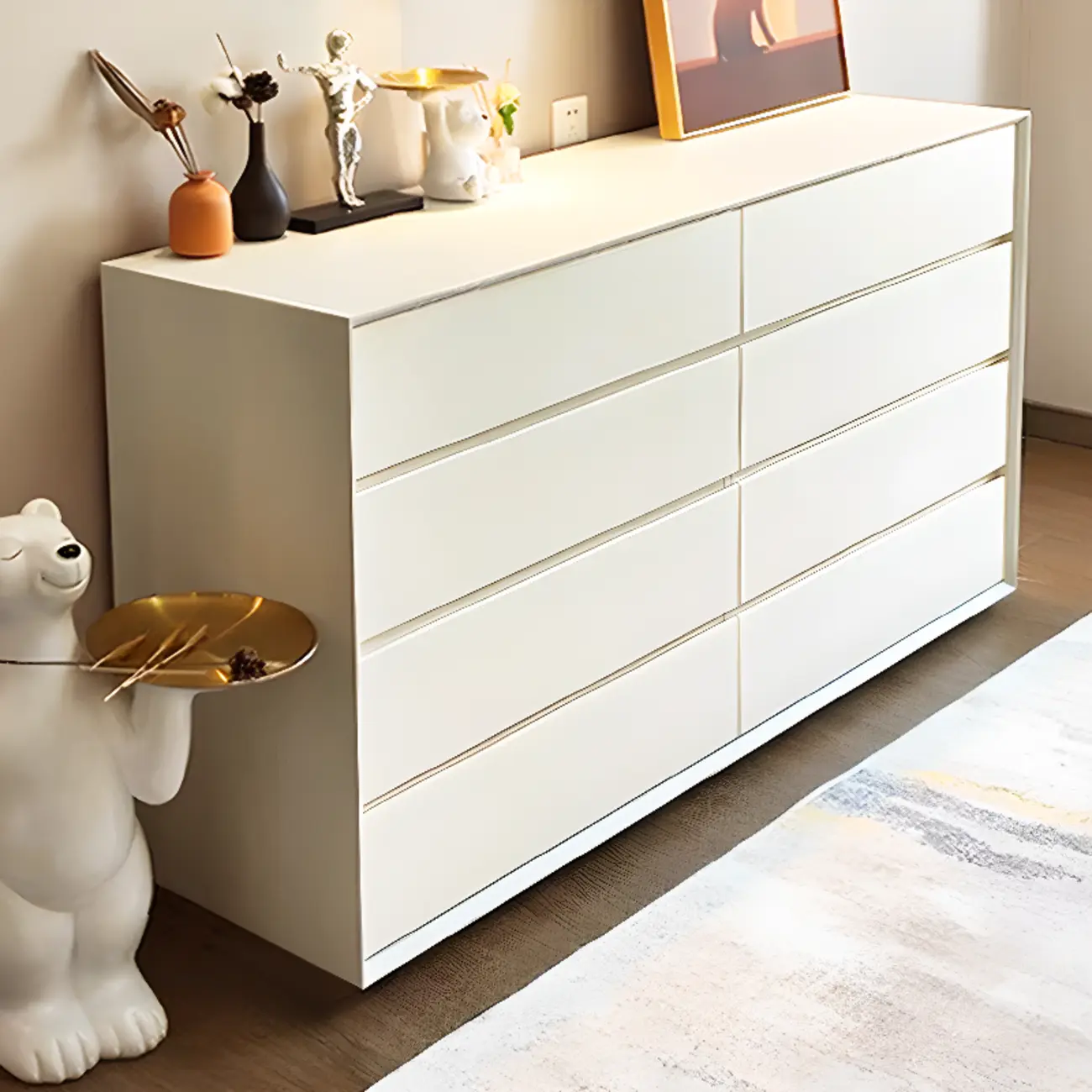 Modern White Wooden Double Dresser with Soft-Close Drawers