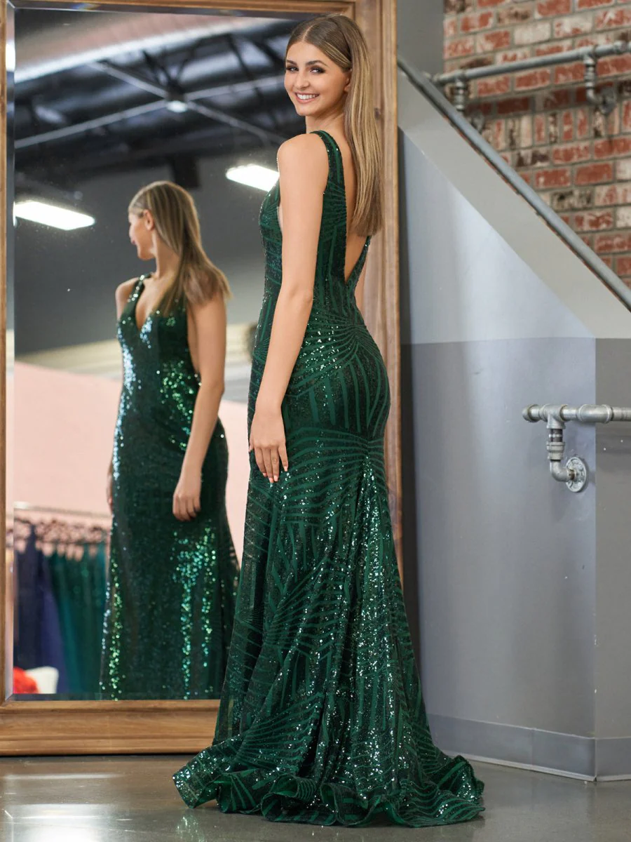 Red Mermaid Deep V Neck Sequins Prom Dress