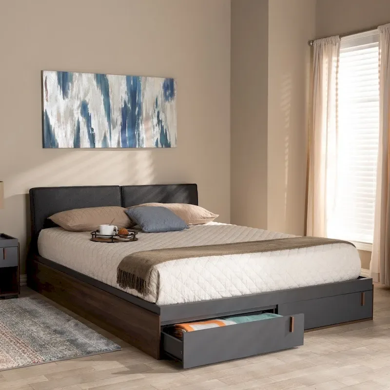 Rikke Contemporary Queen Platform Storage Bed – 2 Footboard Drawers, Grey & Walnut Two-Tone