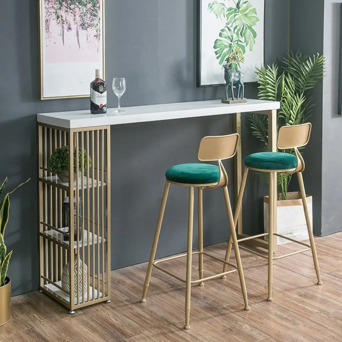 Modern Rectangle Wood Pub Table with 3 Shelves for Home Bar