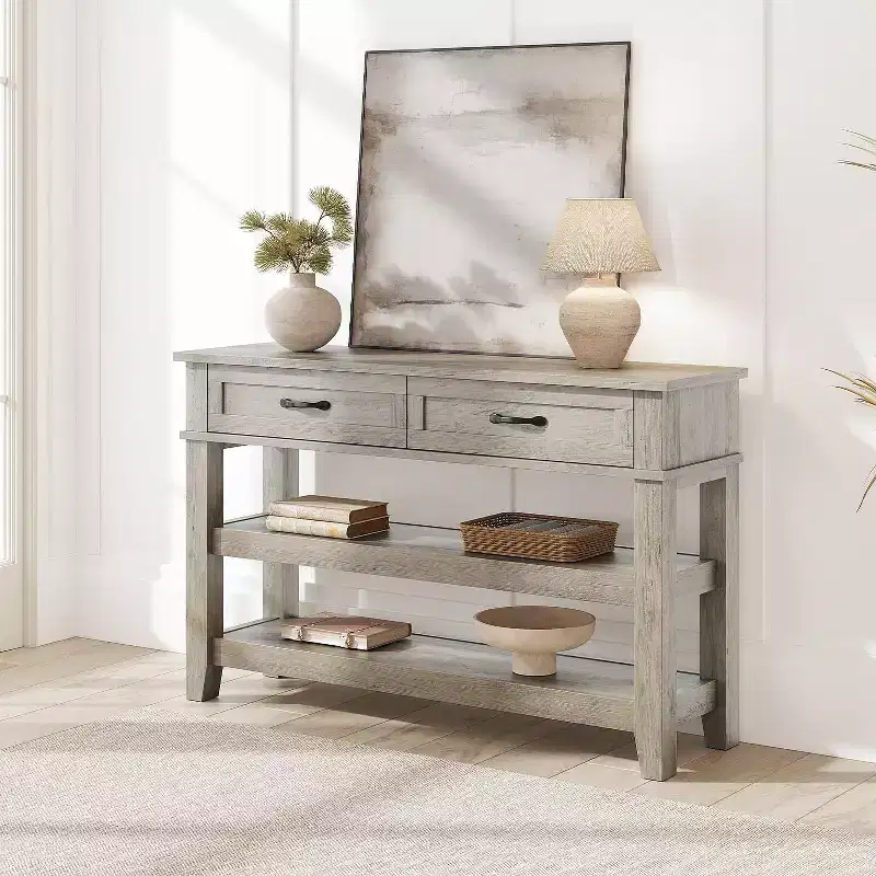 Coolmee Entryway Table, Console Table with 2 Storage Drawers, 3 Tier Farmhouse Wooden Sofa Table, Hallway Tables for Entryway, Living Room
