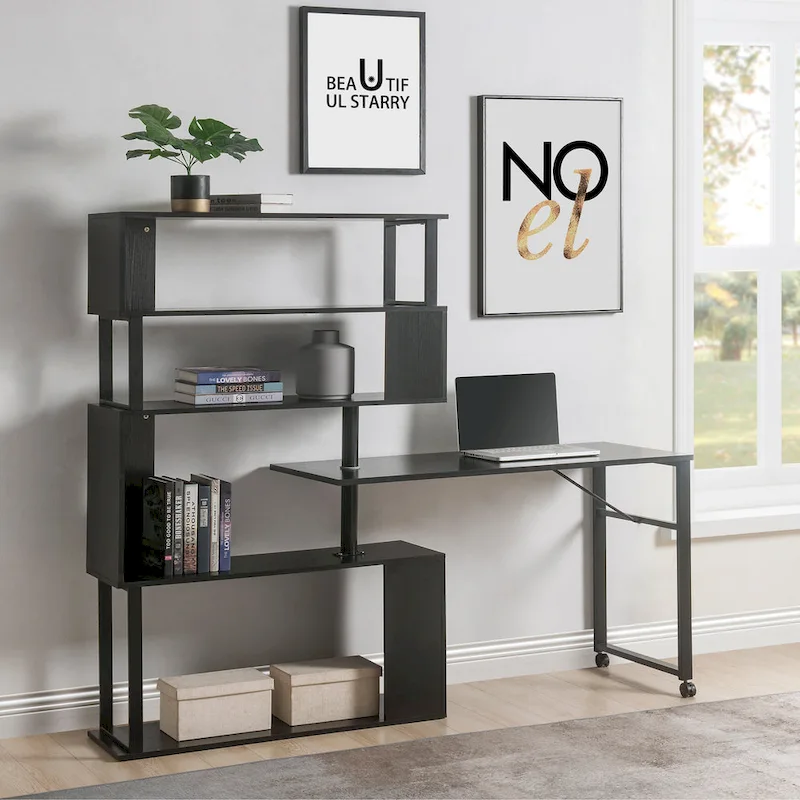 Brown / Black L-Shaped Corner Desk with 5-Tier Bookshelf, 1-Person