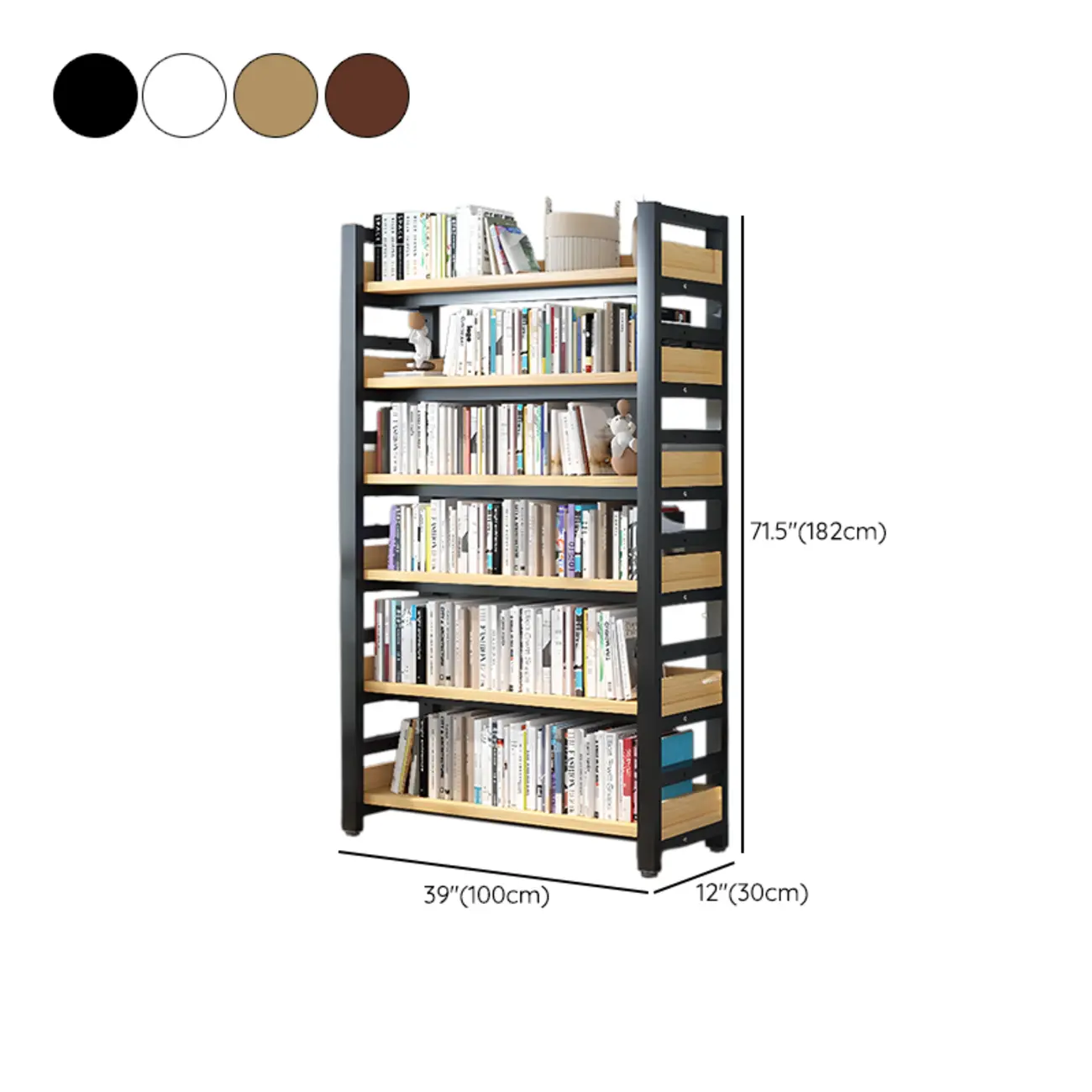 Freestanding Simple Multi-Layer Wood Bookshelf in Steel Frame