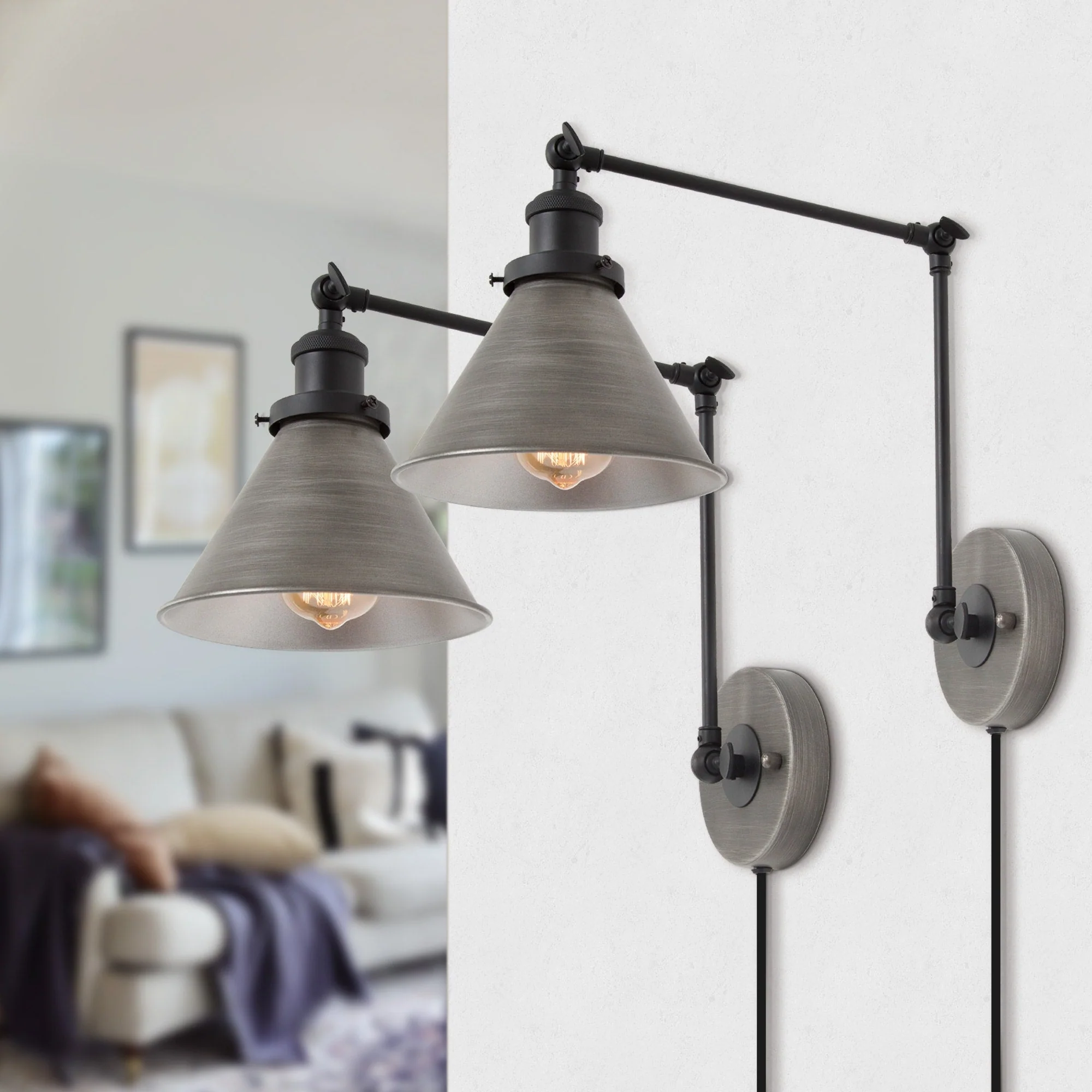 Set of 2 Modern Adjustable Swing Arm Lights Plug-in Hardwire Wall Sconces