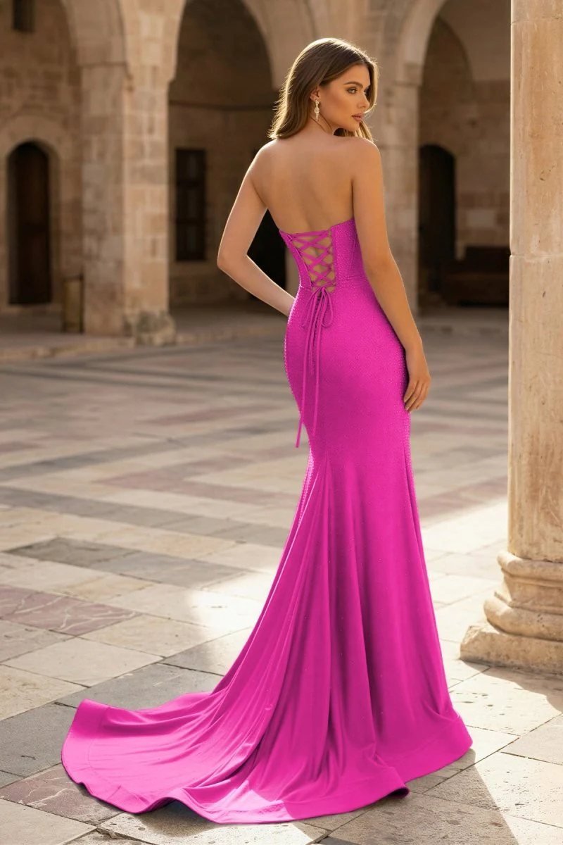 Sky Blue Strapless Satin Beaded Mermaid Long Prom Dresses With Slit