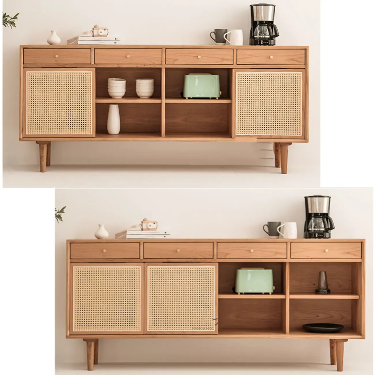 Scandinavian Natutal Wood Rattan Sideboard with Drawers