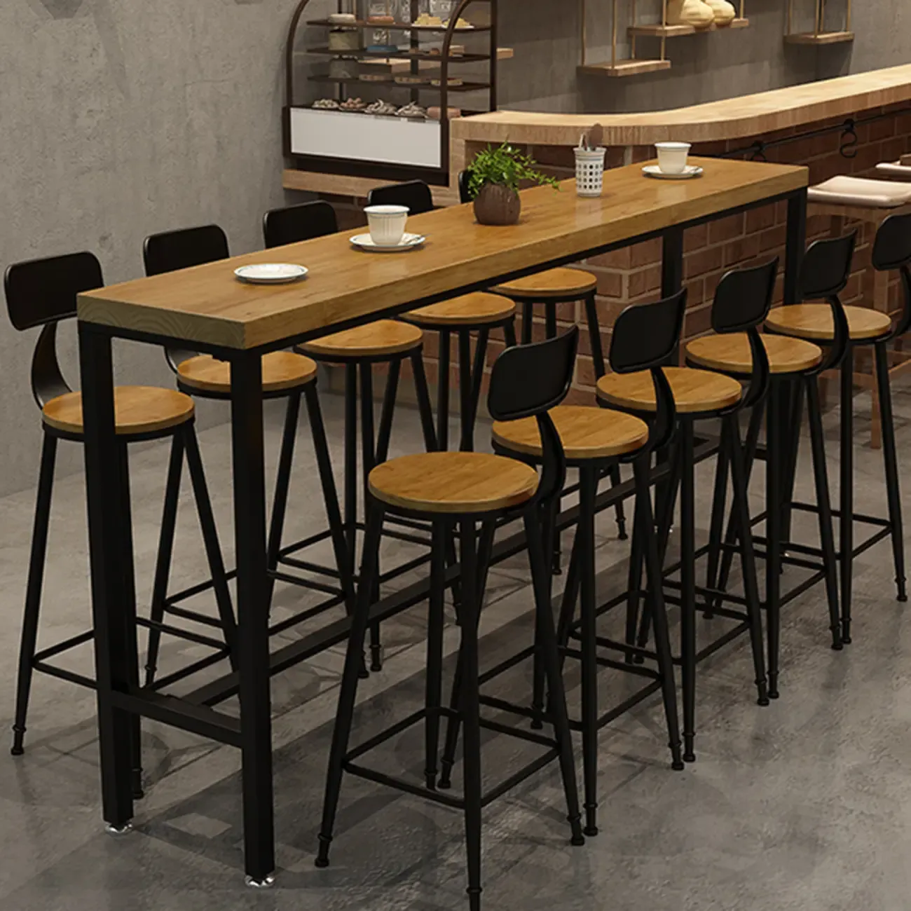 Natural Rectangle Solid Wood Long Footrest Bar Table