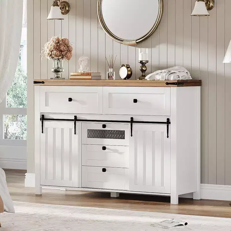 Farmhouse 5 Drawers Dresser for Bedroom with Sliding Barn Doors, 47 Wood Dresser & Chest of Drawers, Rustic TV Stand, for Home Office