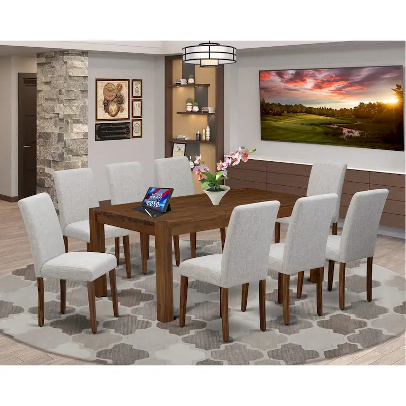Antique Walnut Rectangle Dining Set with Doeskin Linen Parson Chairs (4 / 6 / 8 Seats)