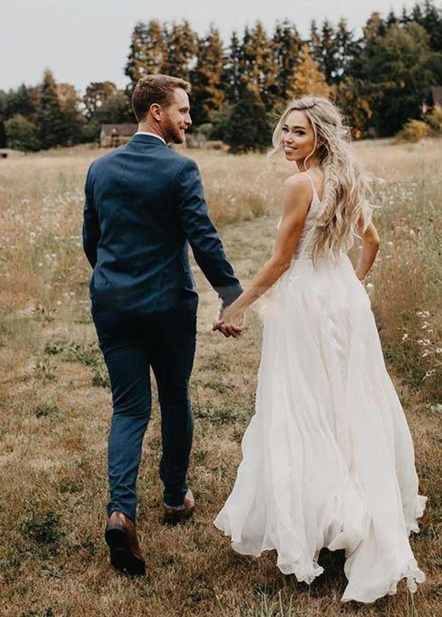 A Line V Neck Long Wedding Dresses Lace Chiffon Bohemian Bridal Gown