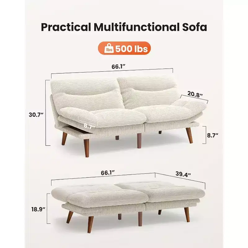 66-inch corduroy sofa bed with adjustable backrest and armrests, suitable for small spaces, living rooms, or offices as a convertible futon sofa.