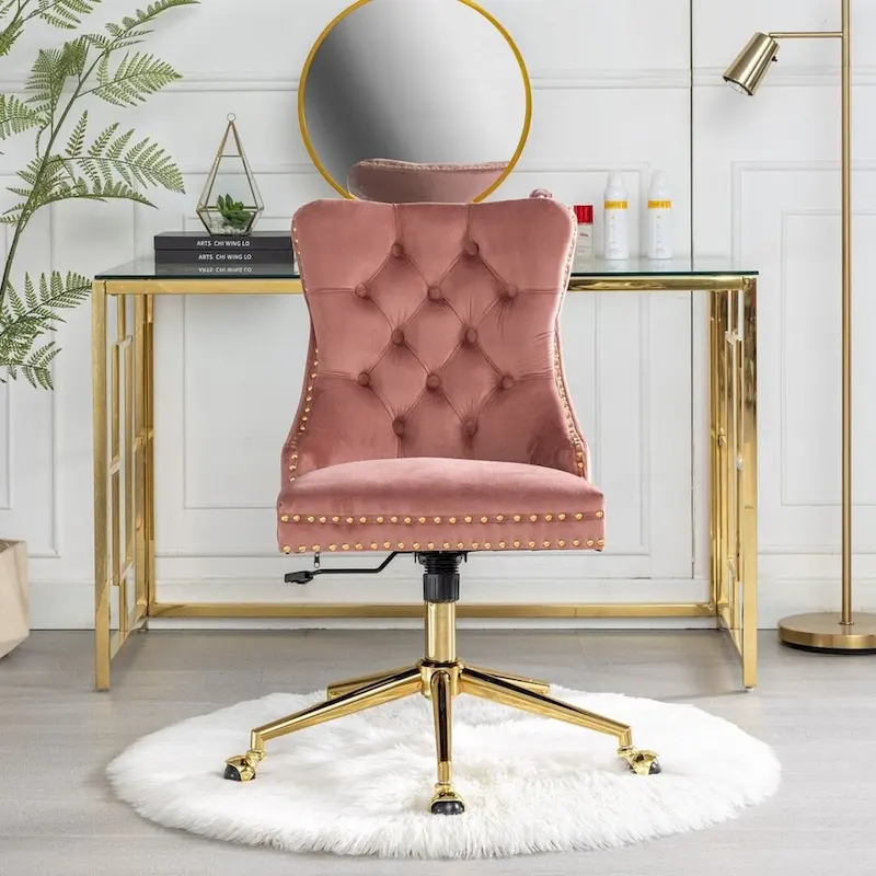 Beige / Black / Pink / Grey Velvet Tufted Button Swivel Office Chair with Gold Metal Base & Adjustable Height – 1-Person