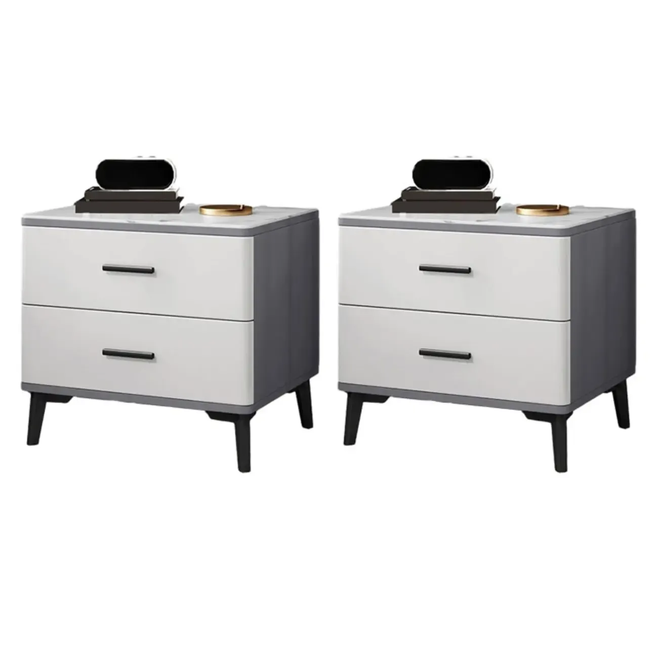 Modern White Stone Top Oak 2-Drawer Nightstand