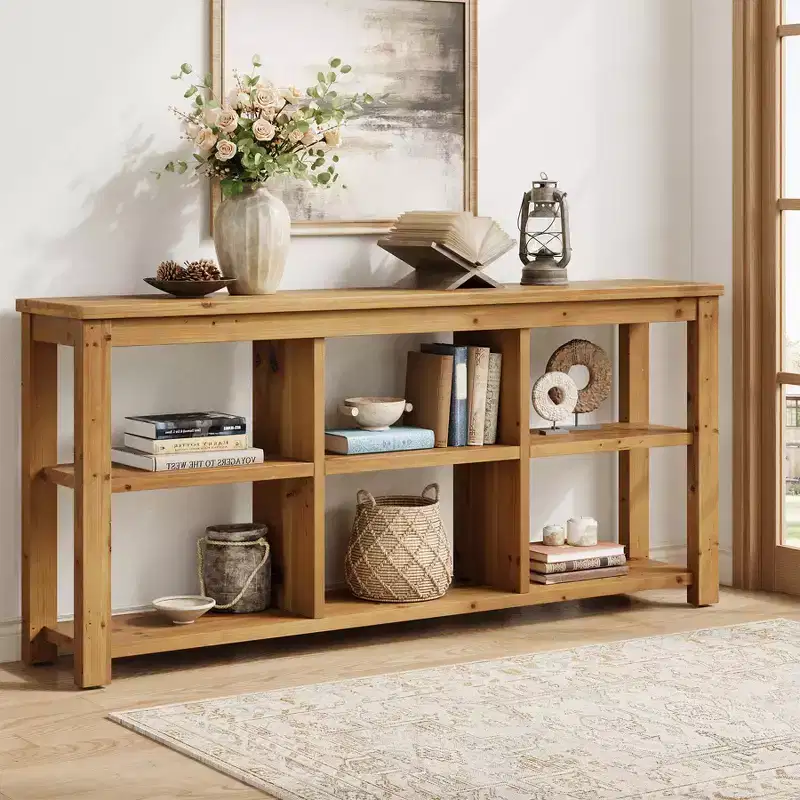 Lantine 63-Inch Solid Wood Console Table, 3-Tier Farmhouse Sofa Table Entryway Table with 6 Storage Cubes for Living Room, Hallway