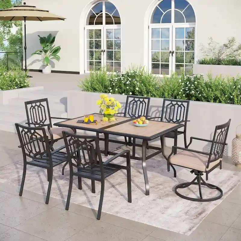 MAISON ARTS 7 Pieces Patio Dining Set with 2 Swivel Garden Chairs with Cushion, 4 Steel Chairs, 1 Rectangle Table