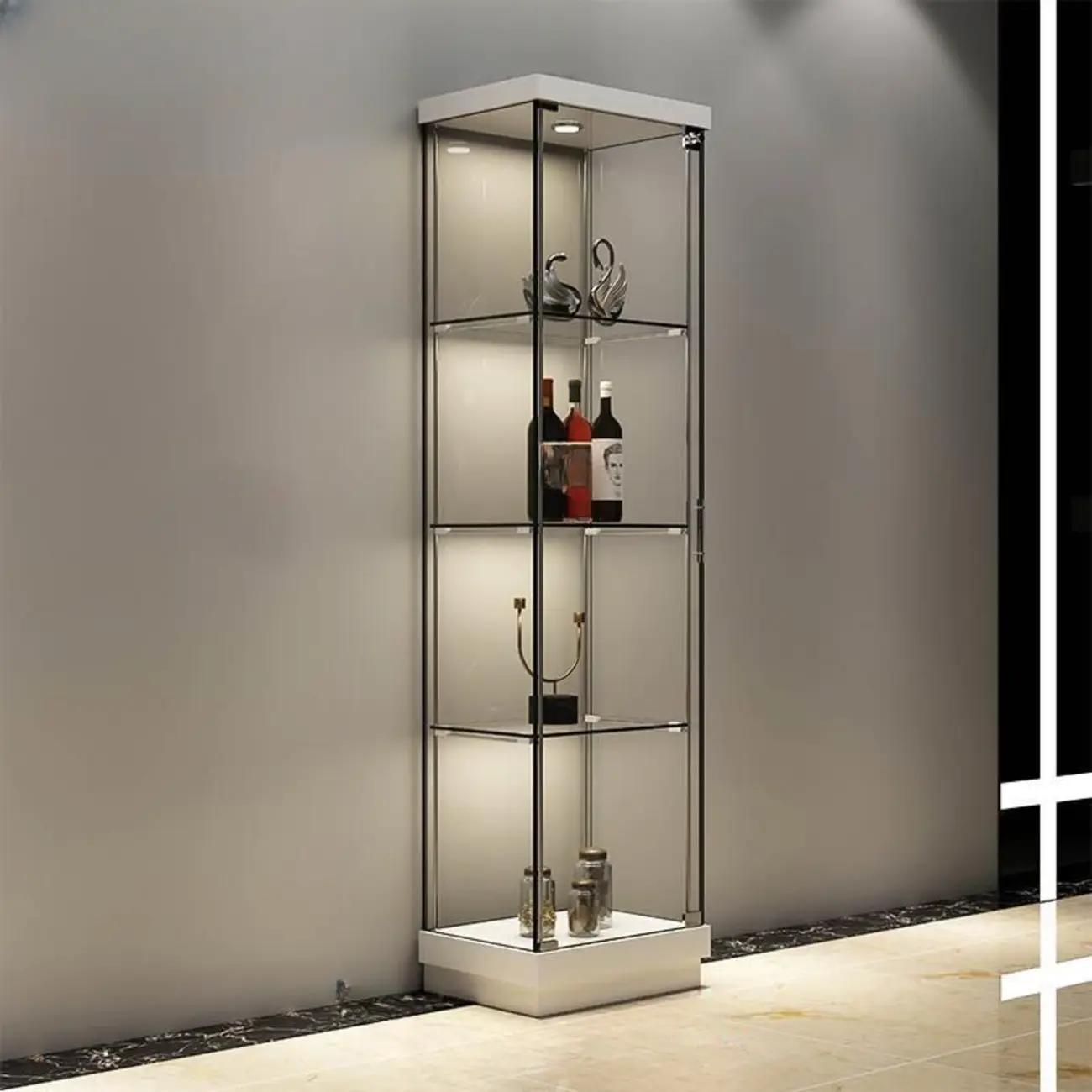 Stylish Metal Glass Floor Display Cabinet with LED Lighting