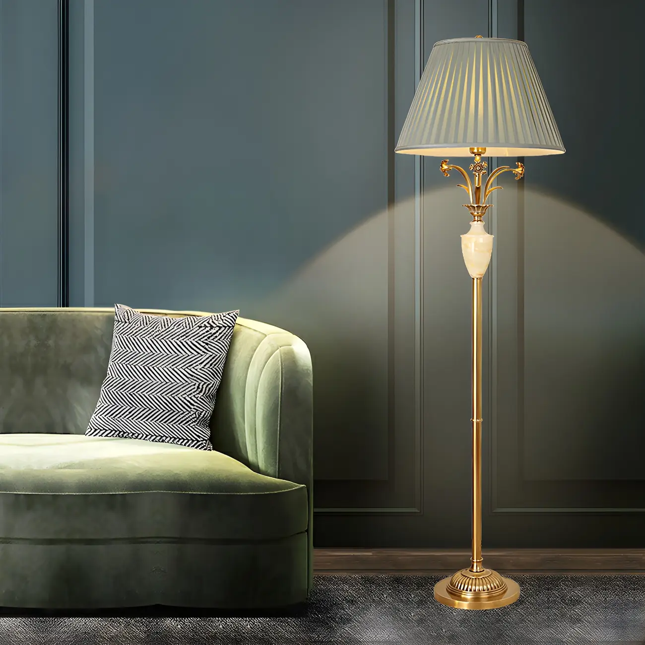 Retro Green Metal Floor Lamp with Brass Base