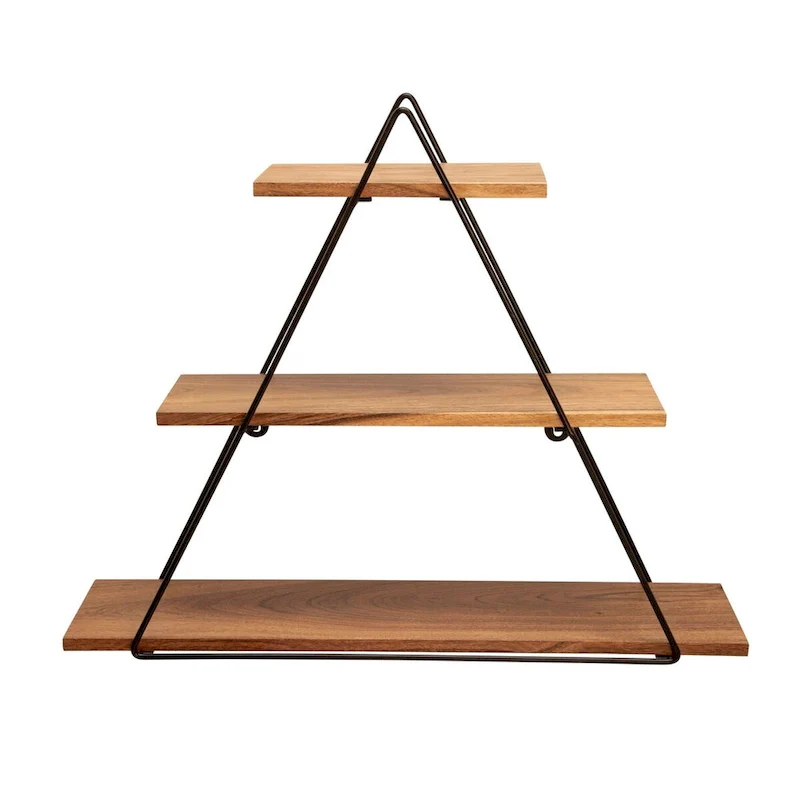 Black & Brown Metal Frame Triangular Wall Shelf with 3 Wood Tiers