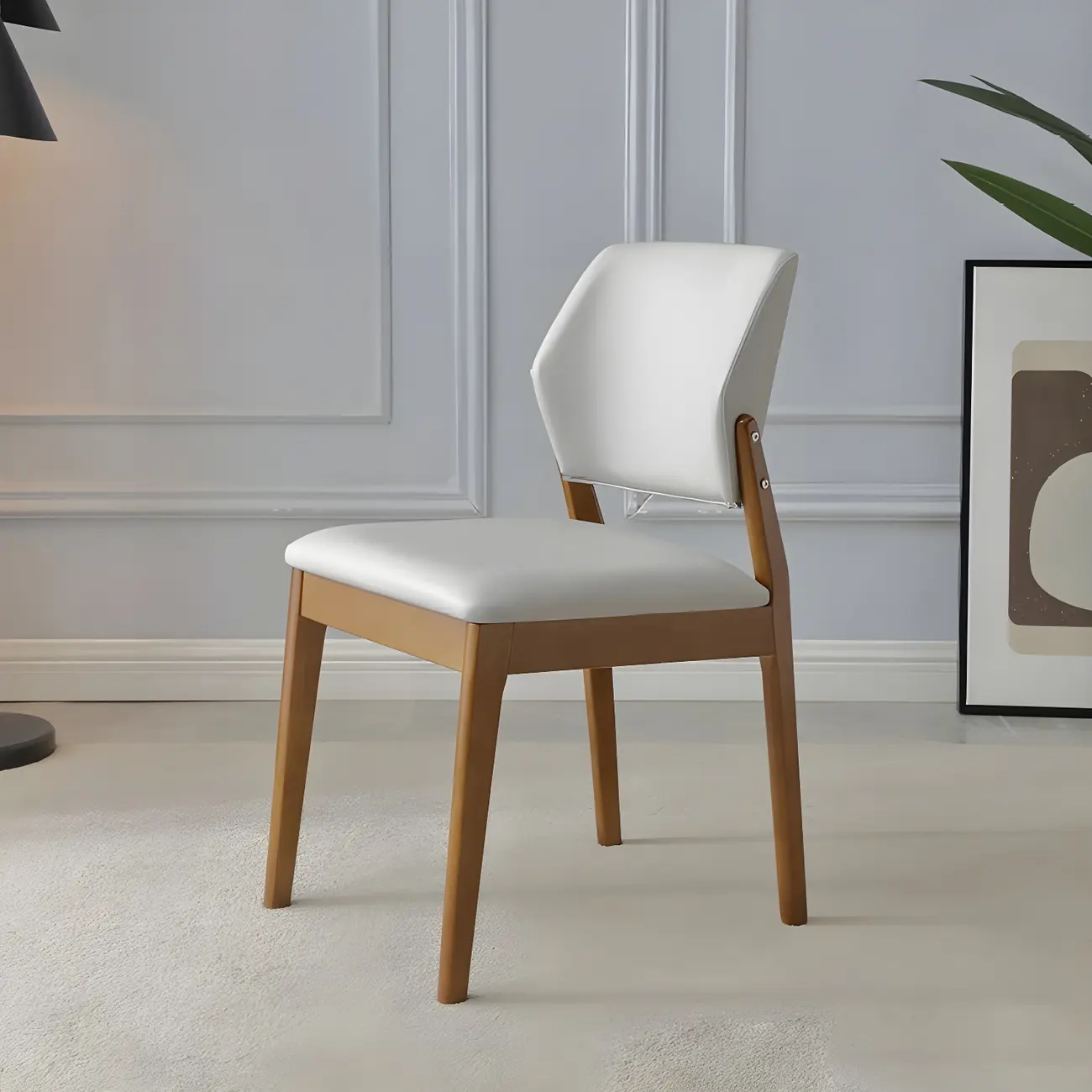 Modern Wood Faux Leather Beige Low Back Dining Chair