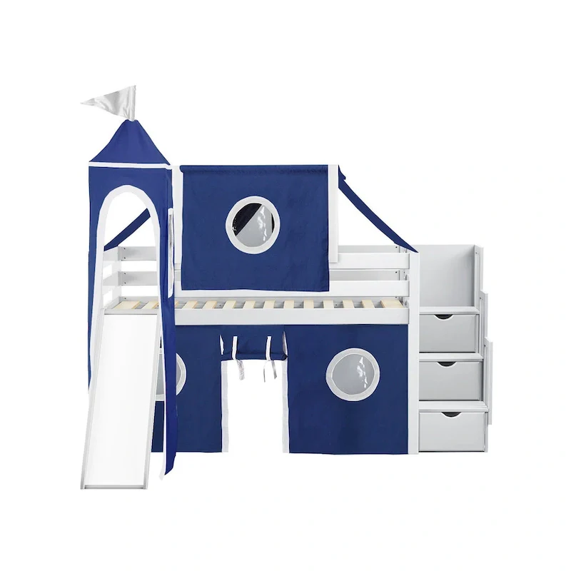 JACKPOT Prince & Princess Low Loft Twin Bed, Stairs Slide Tent & Tower