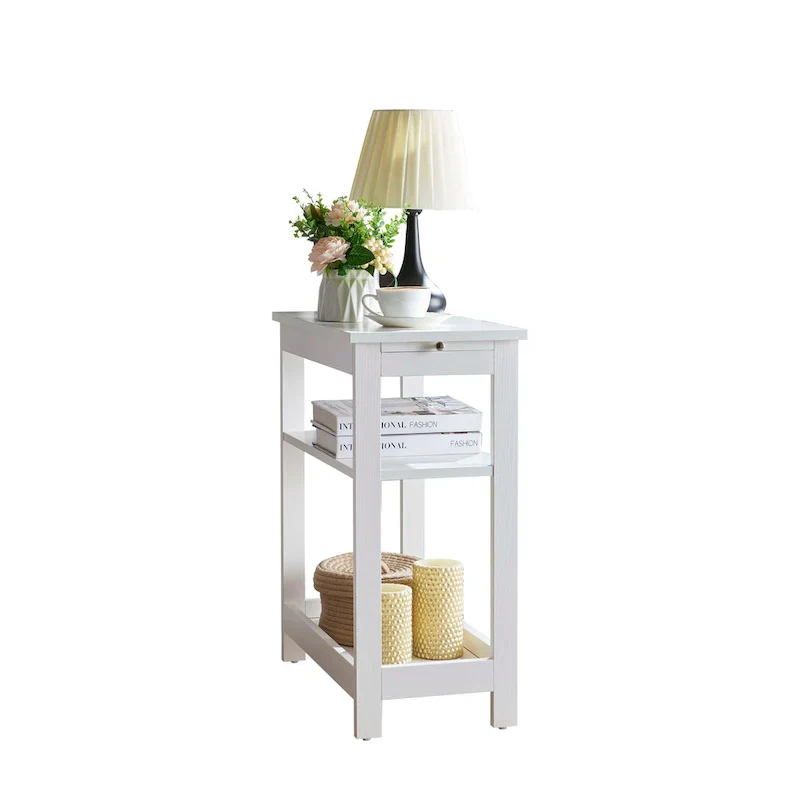 Slim Side Table with Storage Shelves and Pull-Out Tray