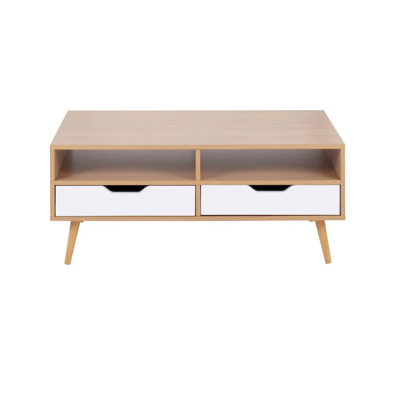 Natural & White Wood Coffee Table with Drawers — 2-Person