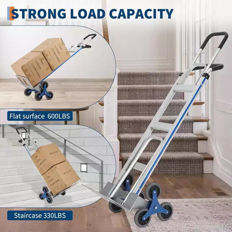 Stair Climbing Cart, Hand Truck 2-in-1 Aluminum Heavy Duty  600LBS Capacity Extendable Base Dual Handles 6 Wheels