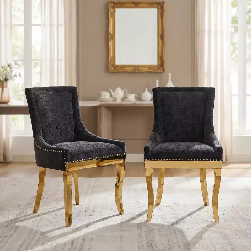 FurnitureR Set of 2 Chenille Upholstered Dining Chairs with Arms, Modern Accent Kitchen Chairs with Gold Metal Legs, Elegant Dining Room Side Chairs