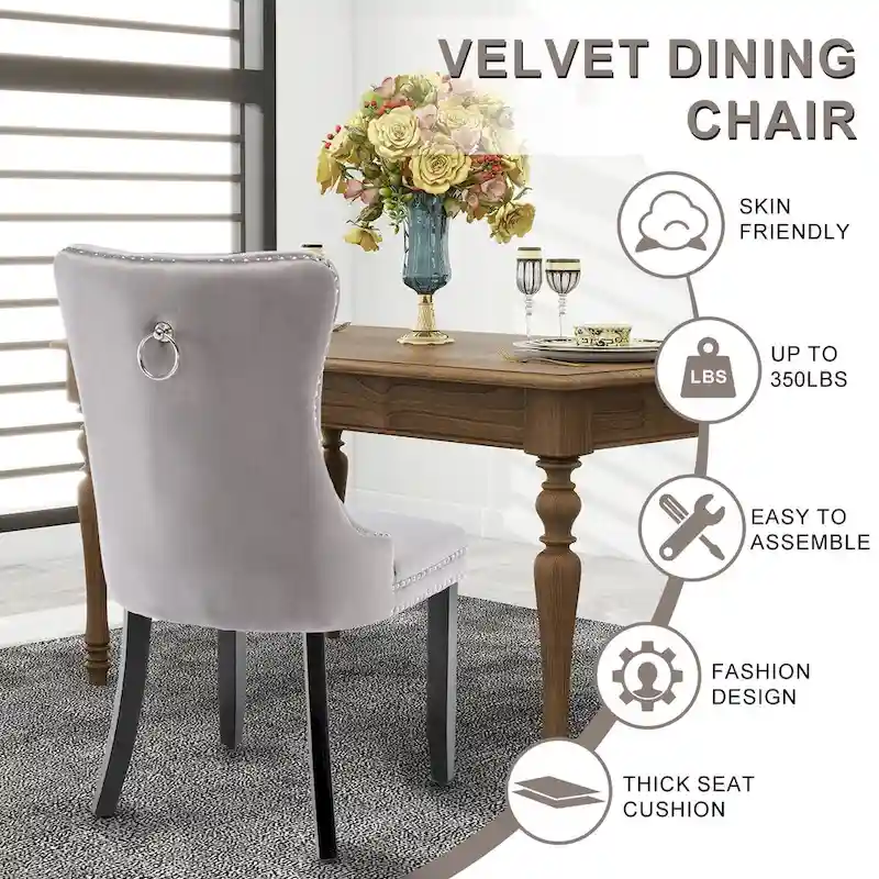 Velvet Dining Chairs, Tufted Solid Wood Armless Chairs Accent Chair with Nailhead Trim and Back Ring Pull