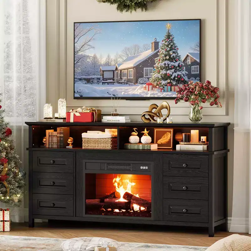65 Inch TV Stand with LED Lights, Entertainment Center with Storage Cabinets & Open Shelves, White Media Console for Living Room